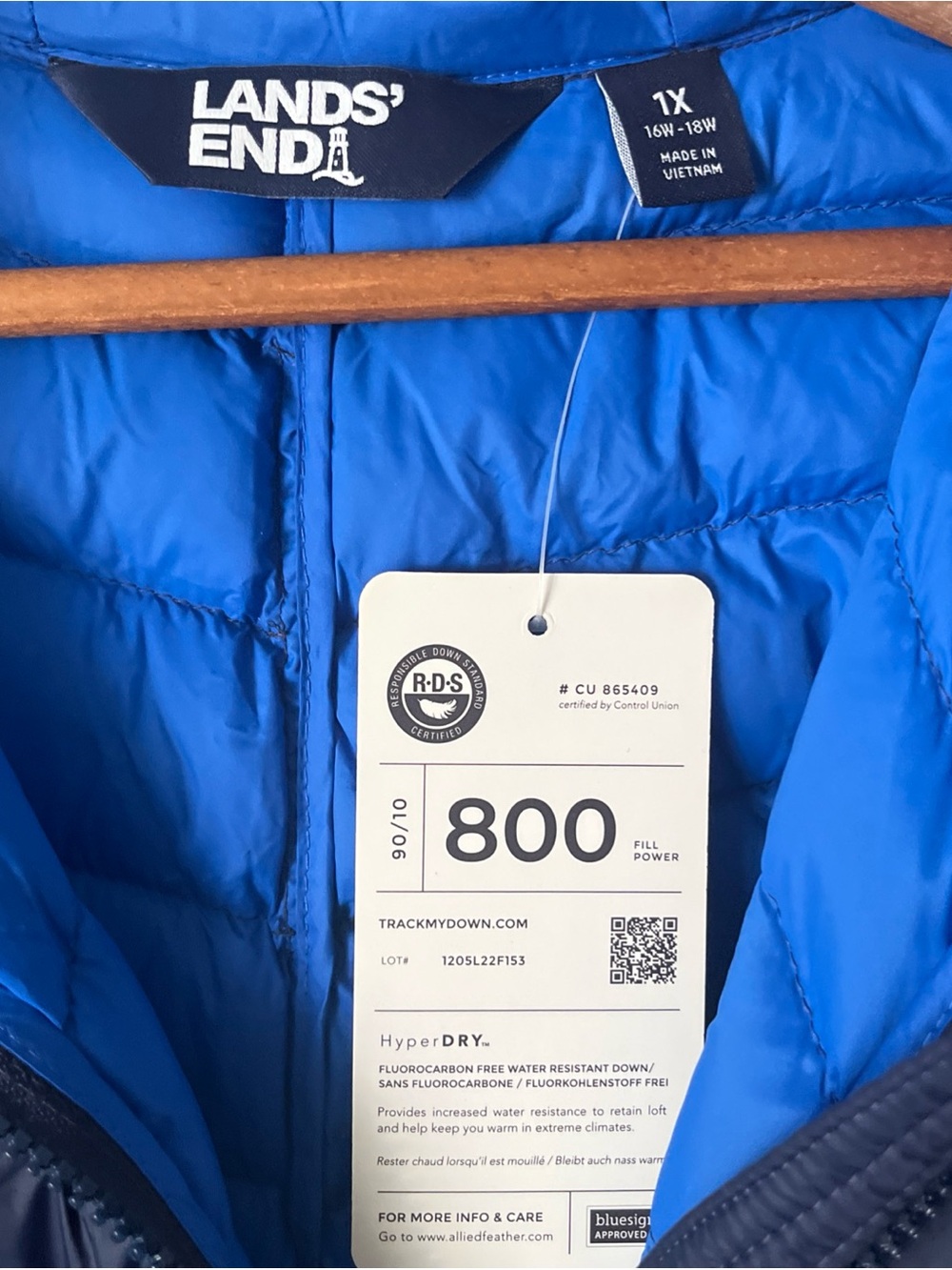 LANDS' END Women's Packable Hyperdry Down 800 Jacket Zip Hood Blue 1X 16-18W NWT - Picture 2 of 6